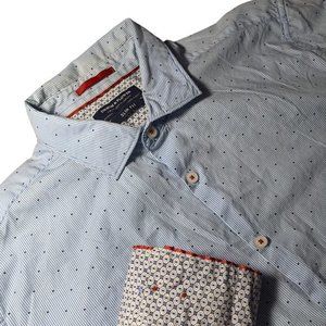 Denim & Flower Flip Cuff Slim Fit Striped Dot Blue Button Up Shirt‎ Size XL